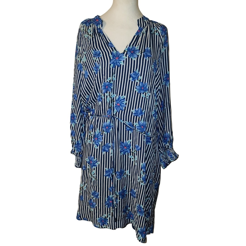 Draper James RSVP Womens XL Blue Striped Floral V-Neck Smocked Cuff Rayon Dress